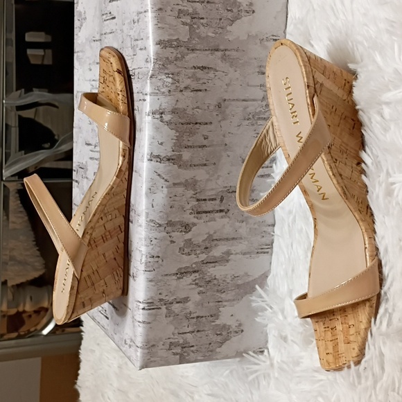 New Stuart Weitzman Aleena Nude Cork Wedge Square Toe Side Slip On Sandals 8B - Picture 10 of 16